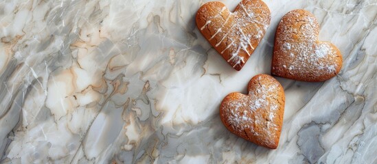 Poster - Top view of a setup featuring two gingerbread hearts on a marble table background Copy space