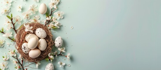 Wall Mural - Spring Easter holiday top view flat lay background featuring eggs in nests and spring flowers Greeting card backdrop with copyspace