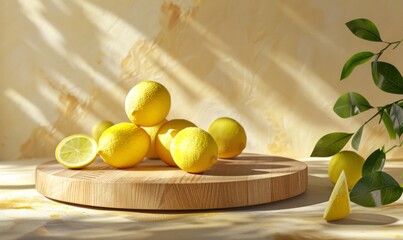 Background lemon podium product fruit platform cosmetic scene display citrus yellow. Podium lemon vitamin stand background pedestal presentation food stage summer juice c beauty dry natural wood drink