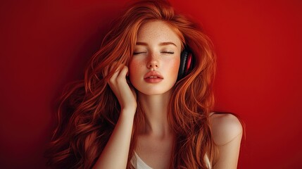 Redhead woman listening to music through headphones near red wall. copy space for text. Image of beautiful woman.