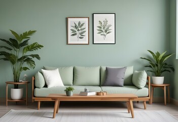 A modern living room with a light green wall, a wooden sofa with white and gray cushions, and two framed botanical prints on the wall.