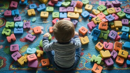 A child playing with foam alphabet blocks spread out on a play mat.