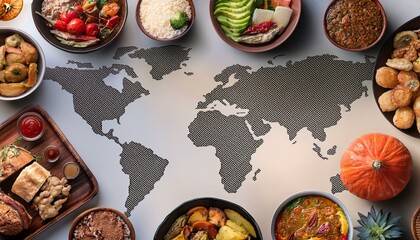 Table with a world map in the center and various foods around, concept of food from different countries