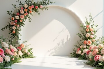 floral arrangement with white background and half circle