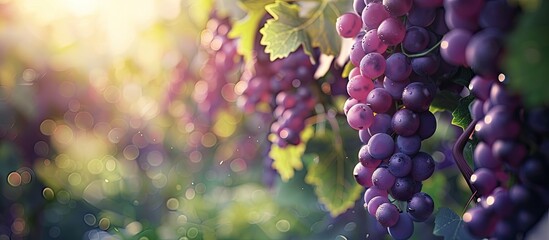 Sticker - Grapes on a vine in a vineyard Close up of a bunch of purple grapes growing on vines in a vineyard Soft and blurred background A photo featuring a very shallow depth of field. Copy space image