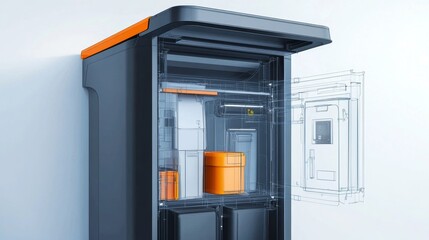 Modern Cabinet with Open Door and Wireframe Design