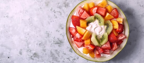 Healthy clean eating dieting and nutrition with a seasonal summer breakfast theme A fruit salad served with yogurt in a carved watermelon bowl on a kitchen table Top view flat lay copy space backgrou