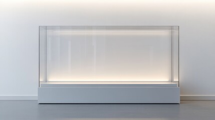 Close up of Empty lighted glass display case with mock up space on white wall background. Ai generated image