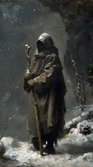 Mysterious Figure in a Snowy Forest.