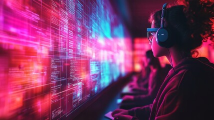 Wall Mural - Female Programmer with Headphones Looking at Code on Screen in Neon Light