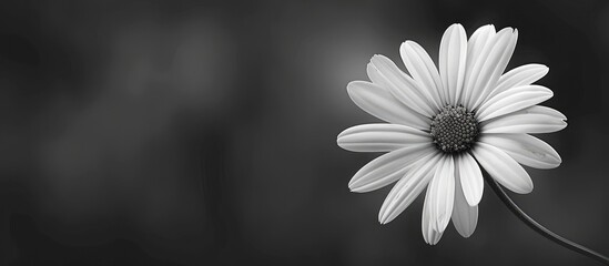 Sticker - Macro close up of a daisy head flower with a blurred background isolated in black and white featuring a creative floral springtime theme. Copy space image. Place for adding text and design