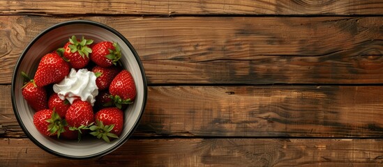 Poster - Tasty strawberries with whipped cream presented on a wooden table flat lay Area for text. Copy space image. Place for adding text and design