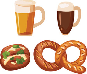 vector illustration of two pretzels and two glasses of beer, representing a traditional beer and sna