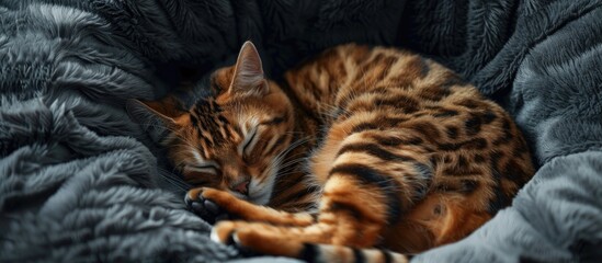 Wall Mural - A tiger cat is sleeping in a soft cozy bed Close up copy space The cat is curled into a ball