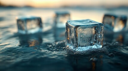 Wall Mural - Ice cubes resting on a reflective surface with a blurred natural background.