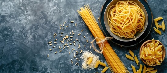 Canvas Print - pasta spaghetti plate macaroni semolina durum wheat portion size top view space for text. Copy space image. Place for adding text and design