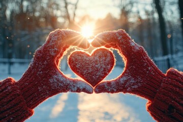 Women's winter gloves with hearts in the background on a sunset backgroud