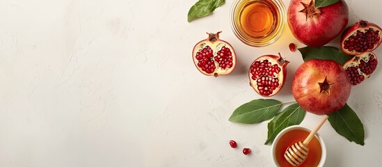 Pomegranates apples and honey on a white background traditional foods for the Jewish New Year Rosh Hashanah Top view Copyspace background