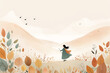 © Thierry - Illustration d'une fille dans un paysage de montagne automnal, entourée de feuilles et d'oiseaux. Scène paisible et naturelle.