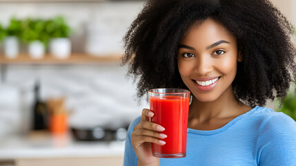 Young smiling African woman with curly hair in blue shirt enjoys a glass of tomato juice in bright kitchen, showcasing healthy eating habits. Copy space.