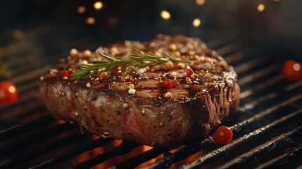 Juicy appetizing grilled beef steak. Beef steak with herbs and spices. Red meat. generation AI