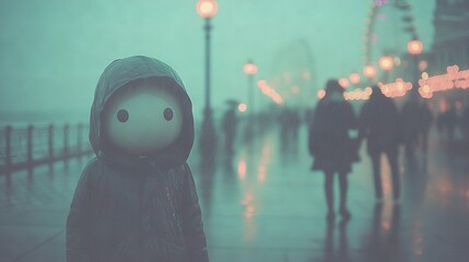   A doll stands alone in the rain on a busy street