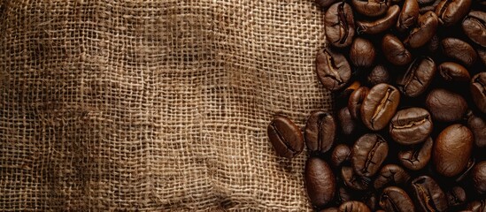 Sticker - coffee beans on coarse burlap. Copy space image. Place for adding text and design