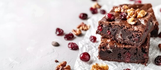 Poster - Homemade chocolate brownies with dried cranberries and walnuts on a white background. Copy space image. Place for adding text and design