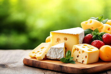 Cheese board outdoors, featuring assorted cheeses and a scenic natural background. Copy space.