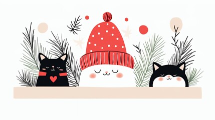 Wall Mural - Cute illustration of three cats with festive elements and greenery.