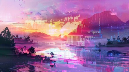 Poster - Abstract digital landscape with floating pixels