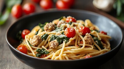 Wall Mural - A delicious bowl of pasta with spinach, tomatoes, and sausage, garnished with cheese.