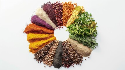 Fresh herbs and spices arranged like a color wheel