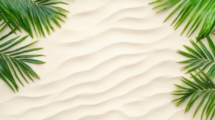 Wall Mural - A wavy pattern of white sand is adorned with vibrant green palm leaves, creating a calming environment perfect for meditation or spa-like relaxation