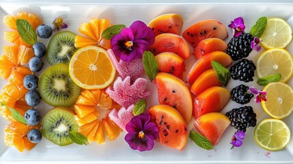 Exotic fruit arrangement on a glossy white plate