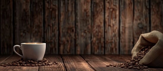 Wall Mural - A warm cup of coffee with a sack beside coffee beans on a wooden background. Copy space image. Place for adding text and design