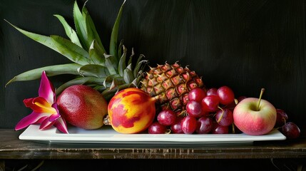 Wall Mural - Exotic fruit arrangement on a glossy white plate