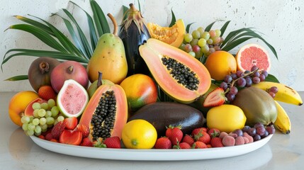 Wall Mural - Exotic fruit arrangement on a glossy white plate