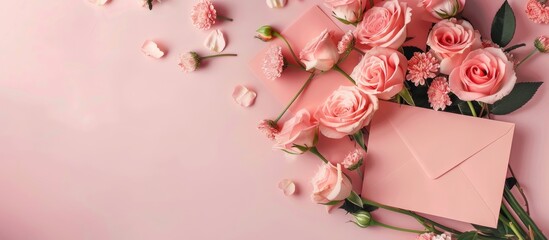 top view of an open pink envelope with a paper card along with a bouquet of pink roses on a pastel p