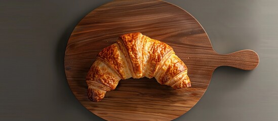 Canvas Print - Croissant on a wooden board top view close up. Copy space image. Place for adding text and design