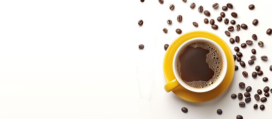 Wall Mural - Yellow cup of coffee on a white backdrop with coffee beans Morning coffee from above Area for text Flat lay copyspace