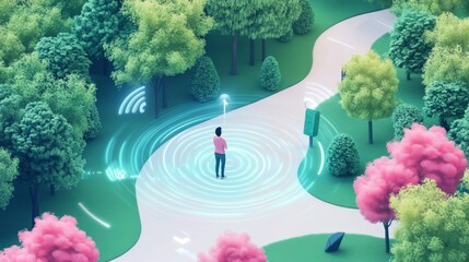 Man Walking on Path in Virtual Reality Park with Trees and Wifi Signals