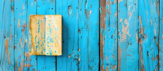 Canvas Print - Notebook on a blue wooden surface Top view. Copy space image. Place for adding text and design