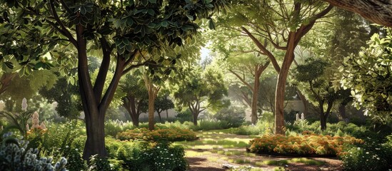 Wall Mural - Trees within the peace garden. Copy space image. Place for adding text and design