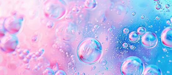 Abstract textured neon gradient of pink and blue background featuring transparent slime with bubbles inside Macro shot of children s toy slime. Copy space image. Place for adding text and design