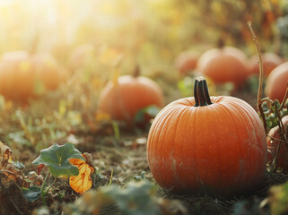 Canvas Print - pumpkin and leaves on the grass