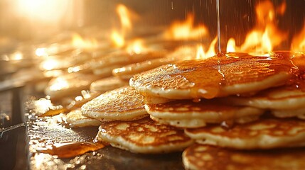 Wall Mural -   A pan with syrup-covered pancakes sits atop a stack of syrup-covered pancakes