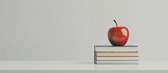 Back to school a stack of books and a red apple on a white table against a white background Remote learning at home Quarantine idea of staying home. Copy space image. Place for adding text and design