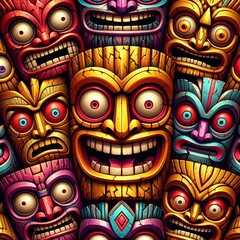 Wall Mural - Funny cartonized tiki mask pattern
