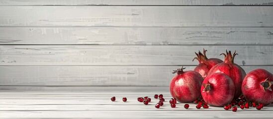 Poster - pomegranates on a white wooden surface. Copy space image. Place for adding text and design